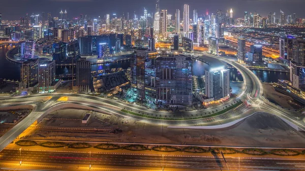 Panorama Que Muestra Horizonte Dubai Con Bahía Negocios Noche Del —  Fotos de Stock