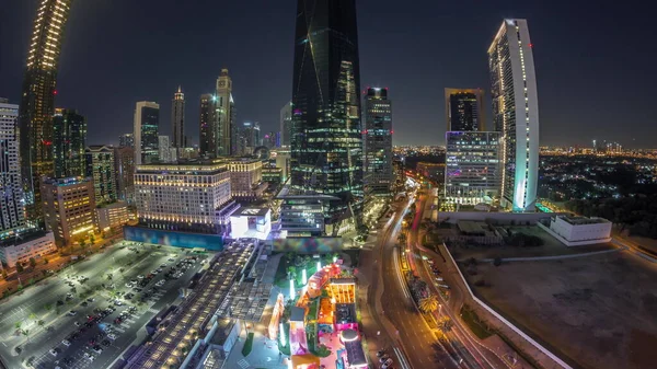 Panorama Dubaju Międzynarodowej Dzielnicy Finansowej Dzień Noc Przejścia Widok Lotu — Zdjęcie stockowe