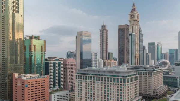 Transição Noturna Distrito Financeiro Internacional Dubai Vista Aérea Torres Escritórios — Fotografia de Stock