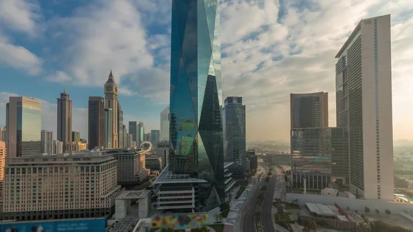 Sunrise Dubai International Financial District Transition Panoramic Aerial View Business — Stock Photo, Image