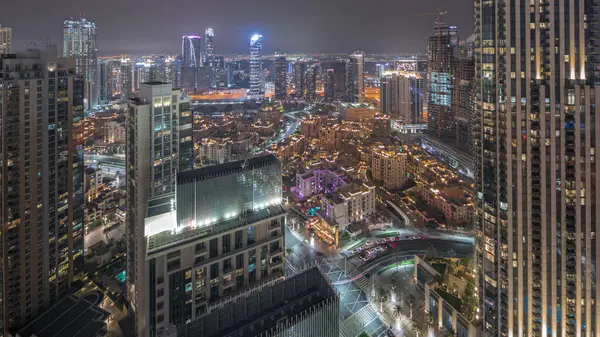 Panorama Showing Aerial View Big Futuristic City Night Business Bay — Stock Photo, Image