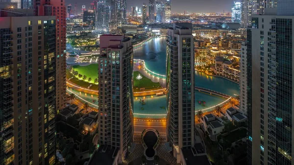 Dubai Downtown Cityscape Tallest Skyscrapers Lake Aerial All Night Construction — Stock Photo, Image