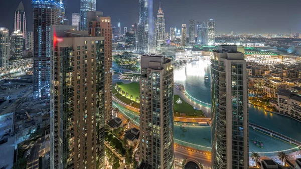 Panorama Ukazuje Dubaj Centrum Města Nejvyššími Mrakodrapy Kolem Letecké Noci — Stock fotografie