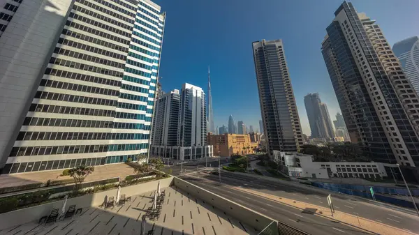 Vista Panorámica Aérea Hacia Centro Dubái Dic Rascacielos Durante Amanecer —  Fotos de Stock