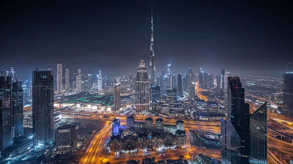 Panorama Showing Aerial View Tallest Towers Dubai Downtown Skyline Highway — 스톡 사진