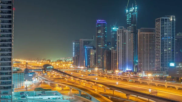 Dubai Marina Rascacielos Sheikh Zayed Carretera Con Metro Aéreo Durante —  Fotos de Stock