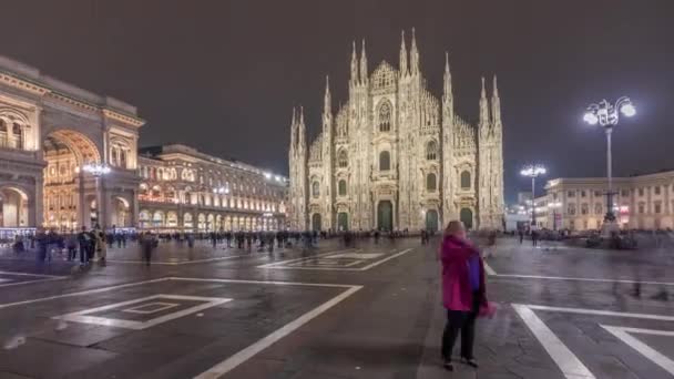 Panorama Visar Milanos Katedral Och Historiska Byggnader Natt Timelapse Duomo — Stockvideo
