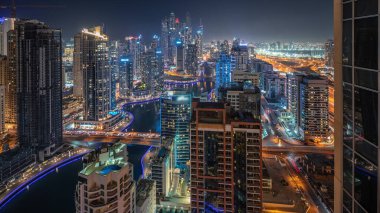 Panorama, Dubai Marina ve JDR hava sahasındaki en uzun gökdelenleri suni kanalla gösteriyor. Pek çok kule ve yat