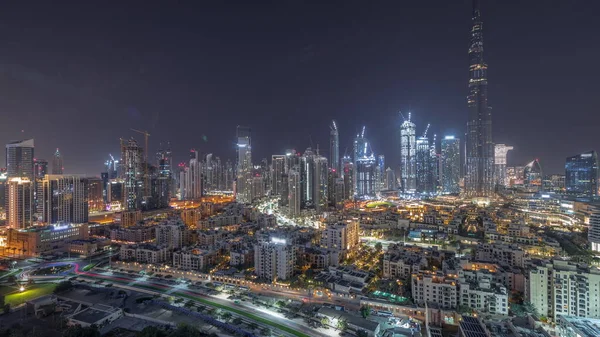 Dubai Downtown All Night Moon Lights Turning Tallest Skyscraper Other — Stok fotoğraf