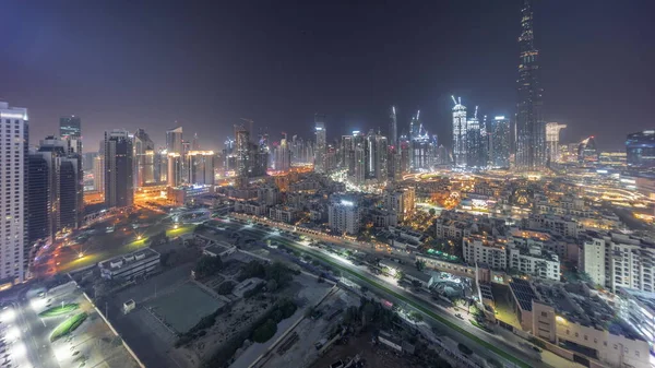 Dubai Downtown All Night Panorama Tallest Skyscraper Other Illuminated Towers — Stock Photo, Image