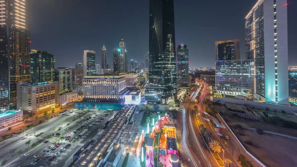Dubai International Financial District Dzień Nocy Przejścia Panoramiczny Widok Lotu — Zdjęcie stockowe