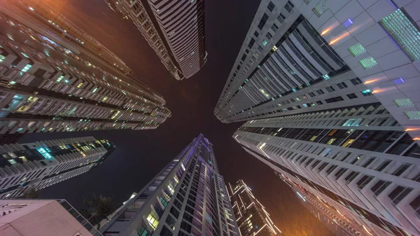 Look Night Sky Tallest Skyscrapers Illuminated Windows Wide Angle Perspective — Stock Photo, Image