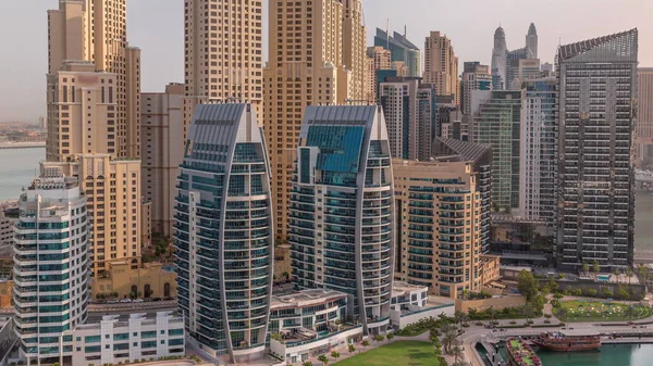 Dubai Marina Skyscrapers Jbr District Luxury Buildings Resorts Aerial Sunrise — Stock Photo, Image