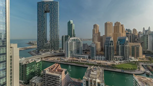 Panorama Showing Dubai Marina Boats Yachts Parked Harbor Skyscrapers Canal — 스톡 사진