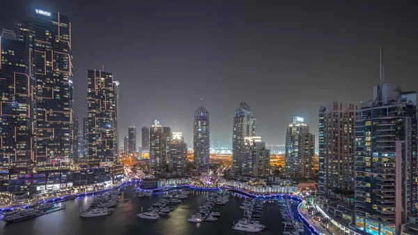 Panorama Mostrando Dubai Marina Rascacielos Más Altos Yates Noche Aérea — Foto de Stock