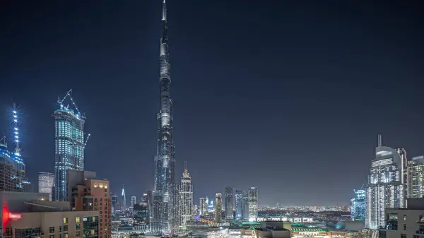 Panorama Showing Aerial Cityscape Night Illuminated Architecture Dubai Downtown Many — Stockfoto