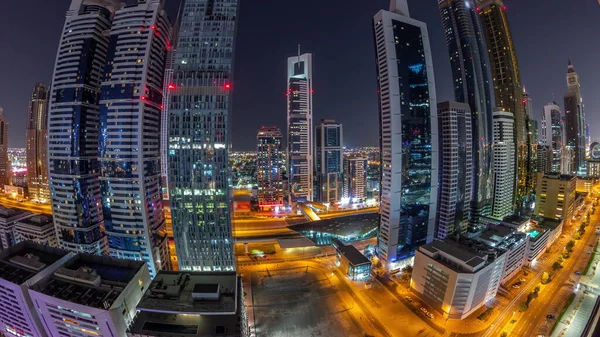 Panorama Över Dubais Internationella Finansdistrikt Med Många Skyskrapor Hela Natten — Stockfoto