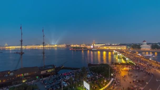 Timelapse Vue Aérienne Nuit Vasilyevsky Island Spit Birzhevoy Bridge Rostral — Video