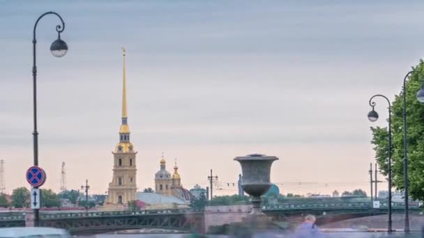 Timelapse Captures Dynamic Traffic Neva River Waterfront Flanked Peter Paul — Stock Video