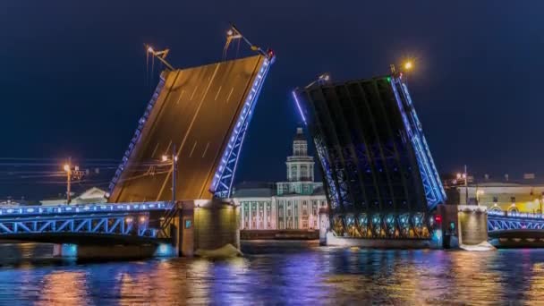 Puente Del Palacio Elevado Timelapse Medio Numerosos Barcos Prominente Kunstkamera — Vídeo de stock