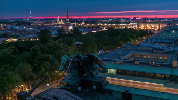 Nattutsikt Från Isaacs Cathedral Colonnade Avslöjar Petersburgs Historiska Centrum Med — Stockvideo