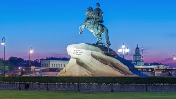 Night Day Transition Hyperlapse Peter Great Monument Bronze Horseman Senate — Vídeo de stock
