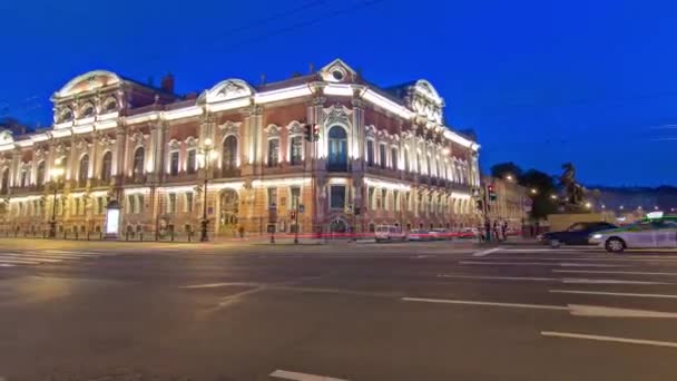 Φωτίστηκε Beloselsky Belozersky Palace Night Hyperlapse Timelapse Από Anichkov Bridge — Αρχείο Βίντεο