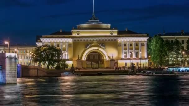 Mesmerizing White Night Illumination Timelapse Neva River Quay Admiralty Building — Stock Video