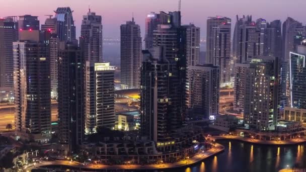 Dubai Marina Harbor Boats Yacht Panorama Night Day Transition Timelapse — Stock Video