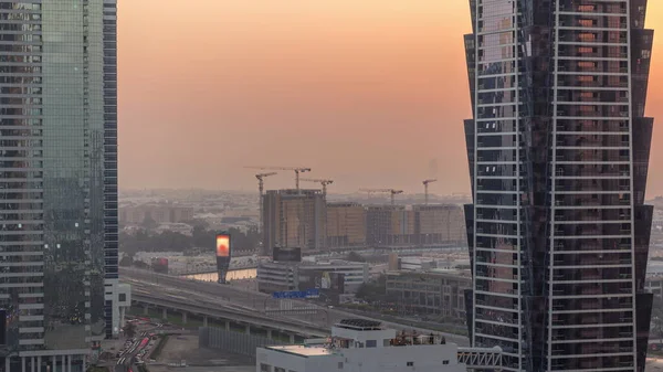 Construction Site Dubai Water Canal Many Cranes Aerial Timelapse Houses — Stock Photo, Image