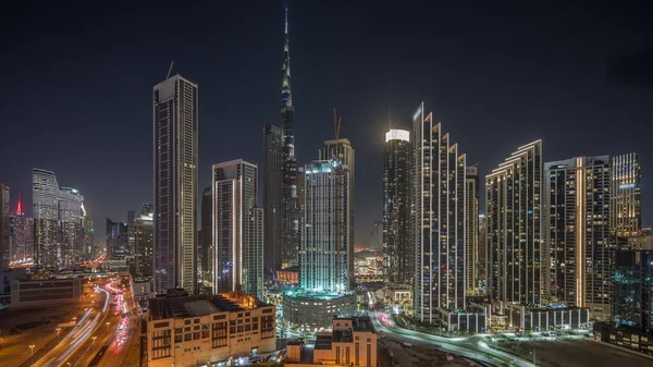 Aerial View Dubai Downtown Skyline Light Show Many Illuminated Towers — Stock Photo, Image