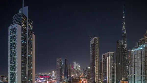 Vue Aérienne Centre Ville Dubaï Skyline Avec Nombreuses Tours Éclairées — Photo