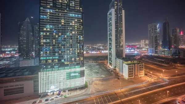 Panoramic View Futuristic Towers Illuminated Skyscrapers Traffic Highway Dubai Downtown — Stock Photo, Image