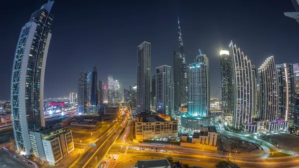 Luchtpanorama Van Dubai Downtown Skyline Met Veel Verlichte Torens Nachtelijke — Stockfoto