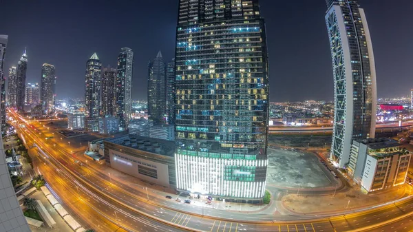 Panorama Business Bay District Skyline Modern Architecture Timelapse Night Aerial — Stock Photo, Image
