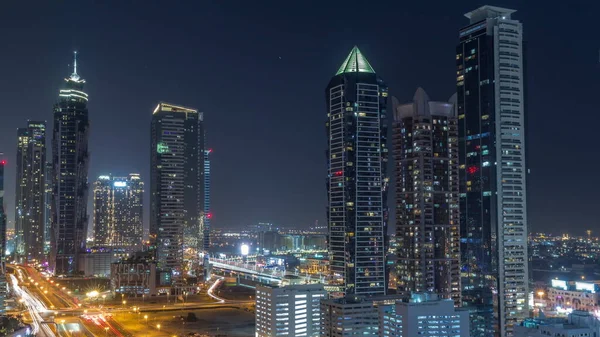 Business Bay District Skyline Modern Architecture Timelapse All Night Aerial — Stock Photo, Image