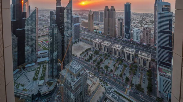 High Rise Buildings Sheikh Zayed Road Dubai Aerial Panoramic Timelapse — Stock Photo, Image