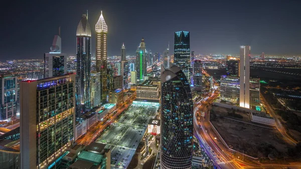 Skyline Vista Dei Grattacieli Sheikh Zayed Road Dubai Timelapse Notte — Foto Stock