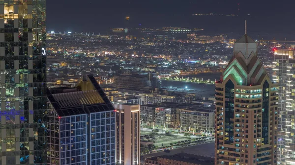 Edificios Gran Altura Sheikh Zayed Road Dubai Aerial Night Timelapse — Foto de Stock