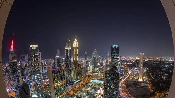 Skyline Panorama Van Hoogbouw Sheikh Zayed Road Dubai Luchtfoto Nachtelijke — Stockfoto