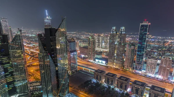 Grattacieli Sulla Sheikh Zayed Road Dubai Timelapse Notte Aerea Emirati — Foto Stock