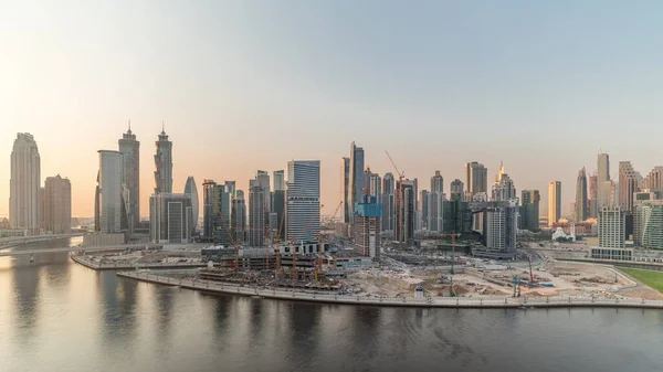Sunset Cityscape Skyscrapers Dubai Business Bay Water Canal Aerial Timelapse — Stock Photo, Image