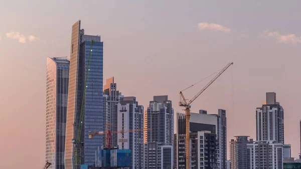 Paisaje Urbano Con Rascacielos Dubai Business Bay Timelapse Aéreo Del —  Fotos de Stock