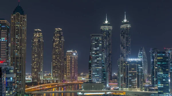 Cityscape Osvětlenými Mrakodrapy Dubai Business Bay Vodní Kanál Letecké Noci — Stock fotografie