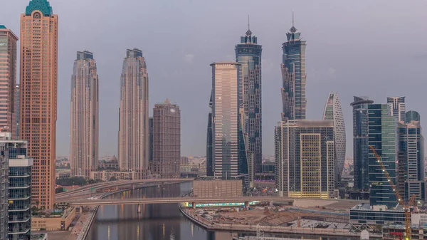 Міський Пейзаж Хмарочосами Дубайської Ділової Бухти Водного Каналу Ніччю День — стокове фото