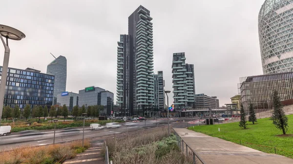 Panorama Showing Skyscrapers Biblioteca Park Green Lawn Timelapse Located Piazza — Stok fotoğraf