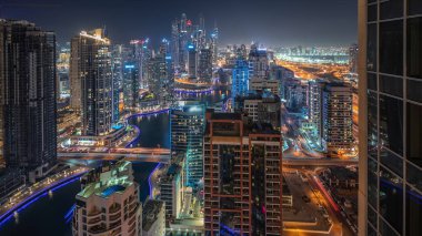 Panorama, Dubai Marina ve JDR bölgesindeki en yüksek ticari bloktaki gökdelenleri suni kanalla birlikte gösteriyor. Pek çok kule ve yat