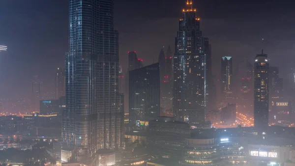 Vista Aérea Ciudad Dubai Durante Toda Noche Timelapse Centro Skyline —  Fotos de Stock