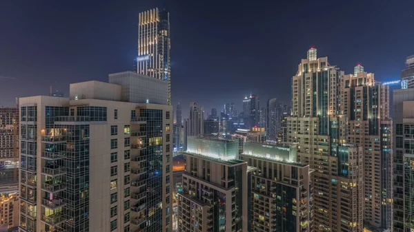 Воздушная Ночь Центре Дубая Городской Горизонт Бизнес Бухты Современными Небоскребами — стоковое фото