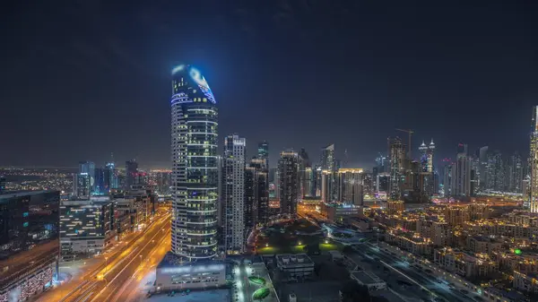 Panorama Showing Dubai Downtown Business Bay Night Timelapse Tallest Skyscraper — Stock Photo, Image